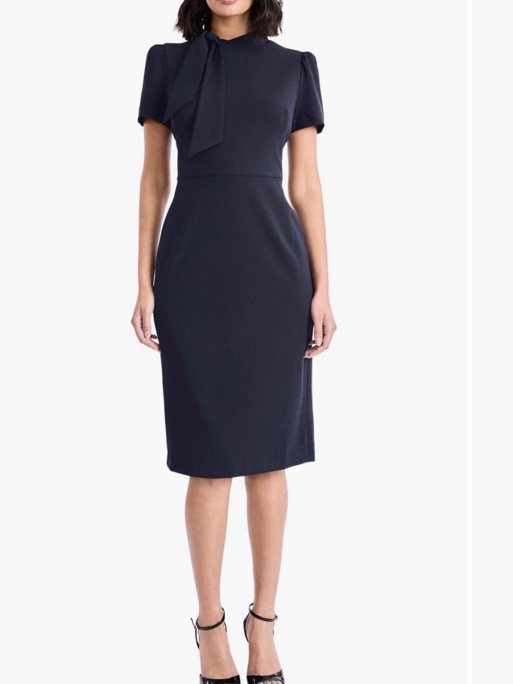 Maggy London Tie Neck Puff Sleeve Scuba Dress-Navy